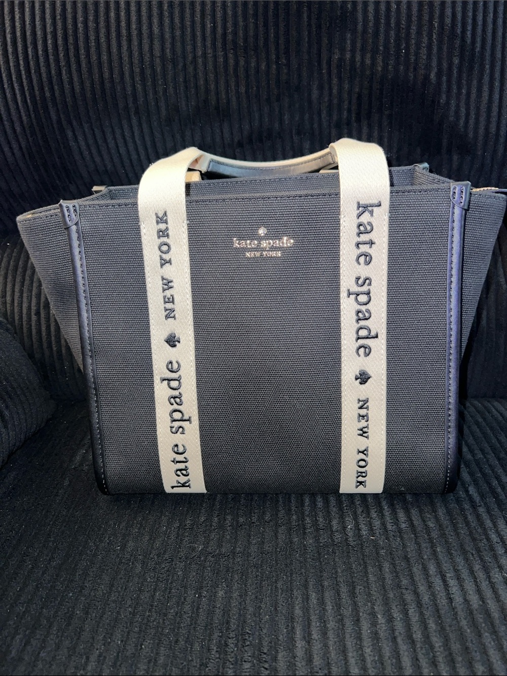 Brand new original 329.00 Kate Spade Black Canvas Tote with Ivory Logo Straps